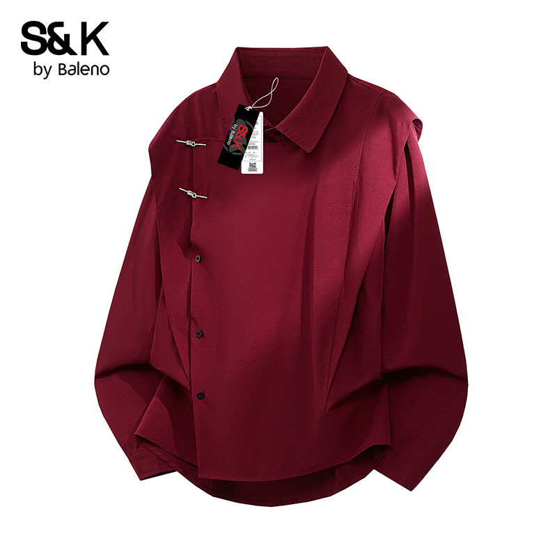 Baleno Long-Sleeved Shirt, Autumn and Winter Style, Loose Drop Shoulder Sleeves, New Chinese Style Diagonal Placket Shirt, Preppy Style Baleno Long-Sleeved Shirt, Autumn and Winter Style, Loose Drop Shoulder Sleeves, New Chinese Style Diagonal Placket Shirt, Preppy Style