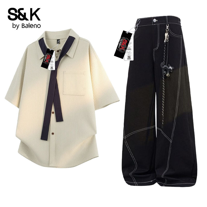 Baleno Japanese-Style Striped Tie Short-Sleeve Shirt Casual Suit for Men, Pure and Relaxed Style Outfit Set