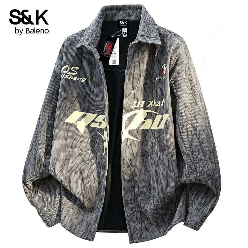 Baleno Men's Autumn and Winter Textured Corduroy Shirt Jacket Trendy Brand Printed Loose Retro Lapel Jacket