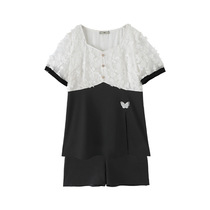 Shangxiu plus size womens clothing 2022 summer new products fat mm fashion contrast color embroidered bow decoration slimming suit tide