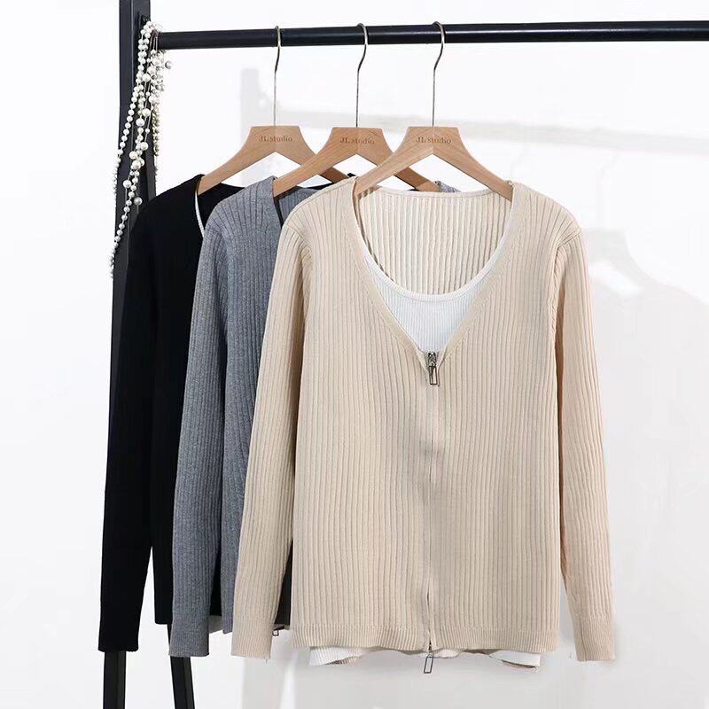 Shangxiu large size women's clothing 2022 spring new fashion all-match fat mm age-reducing and thin fake two-piece knitted sweater top trendy