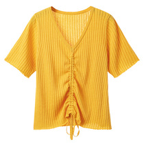 Shangxiu large size womens V neck drawstring knitwear womens 2021 summer new fat mm Korean loose short sleeve t-shirt women