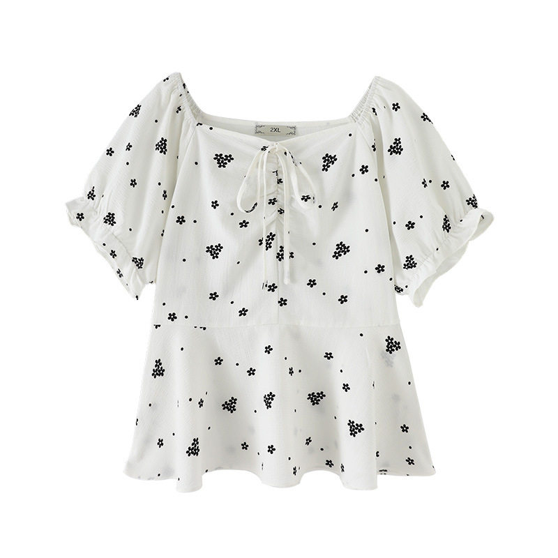 Shangxiu large size women's clothing 2022 summer new fat mm ruffled bow decoration square collar short-sleeved top trendy