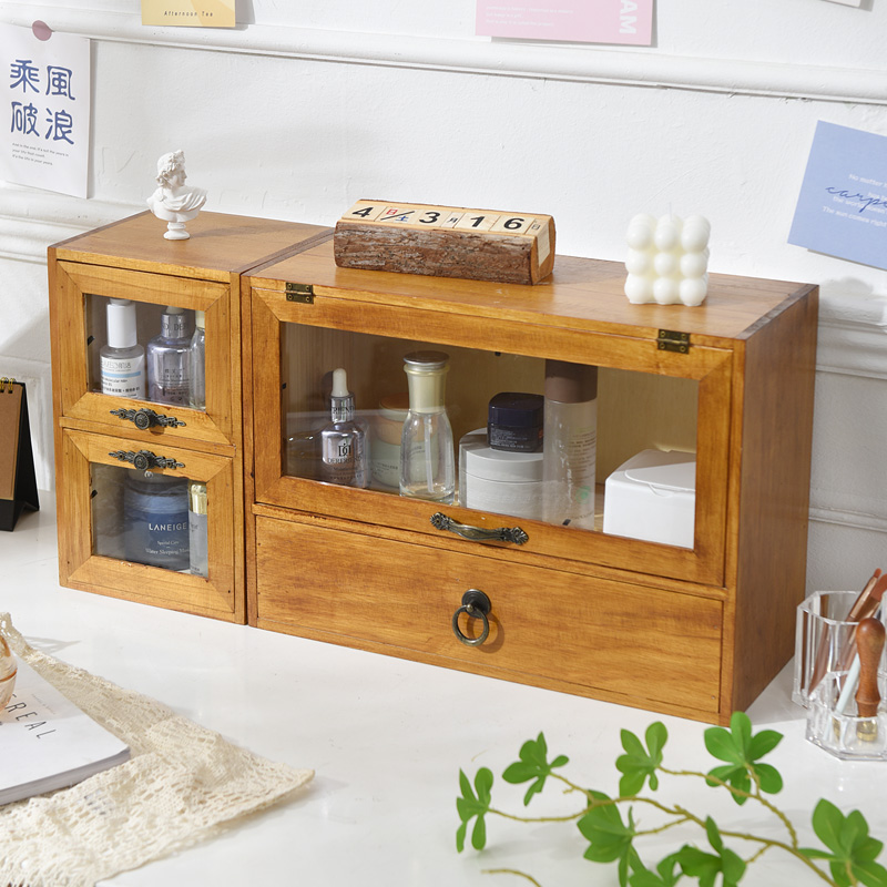 Retro desktop storage box blind box cabinet wooden tea cup table rack drawer type student cosmetic storage box