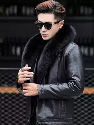 Haining leather clothing raccoon skin fur one wool collar male lamb wool inner Slim jacket short leather jacket thick