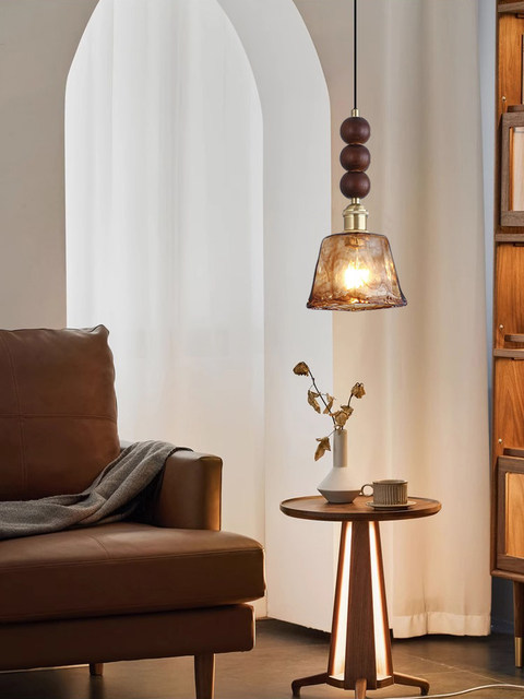 Medieval walnut bedroom bedside small chandelier wabi-sabi aesthetic amber brass glass restaurant bar single head