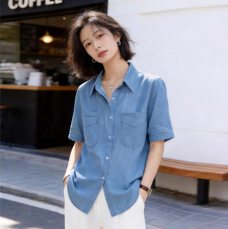 Hong Kong Style Retro Light Blue Top, Cool Denim Shirt for Women, Short-Sleeved, Thin Summer Design, Niche Shirt, Thin Style Hong Kong Style Retro Light Blue Top, Cool Denim Shirt for Women, Short-Sleeved, Thin Summer Design, Niche Shirt, Thin Style