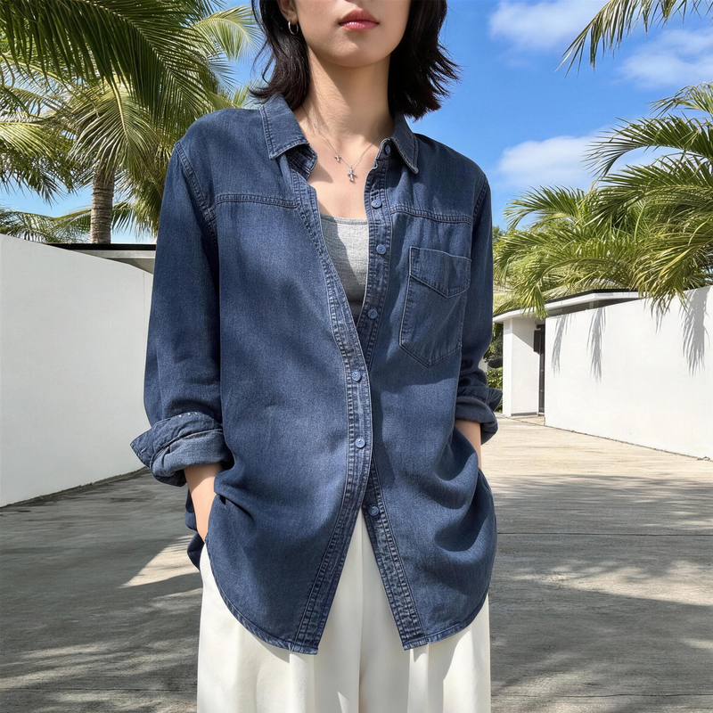 2026 Spring/Summer Sun-Protective Draped Tencel Denim Shirt Women's Turn-Down Collar Top Loose Versatile Blue Shirt Jacket