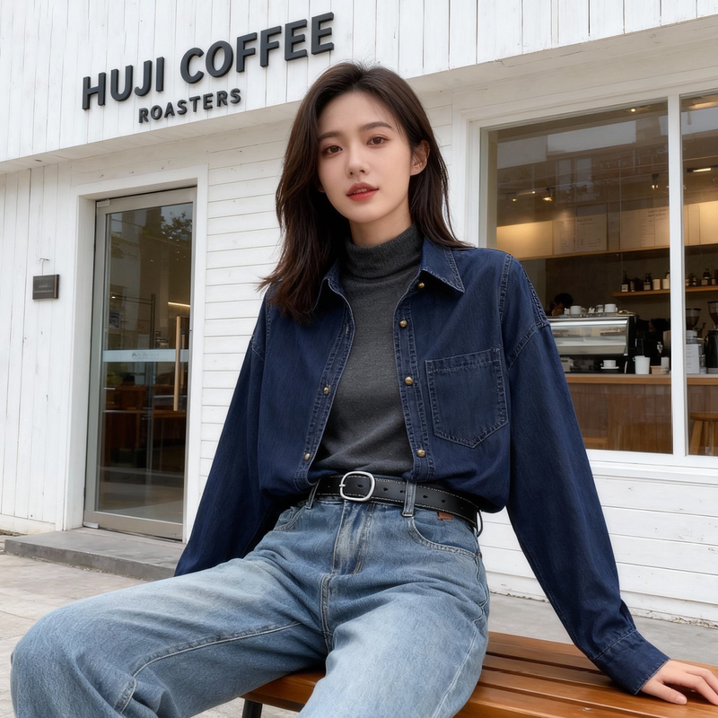 Dark Blue Vintage Denim Shirt for Women, Layered Look, Regular Shoulder, Autumn and Winter 2025 New Style, Petite Soft Denim Top