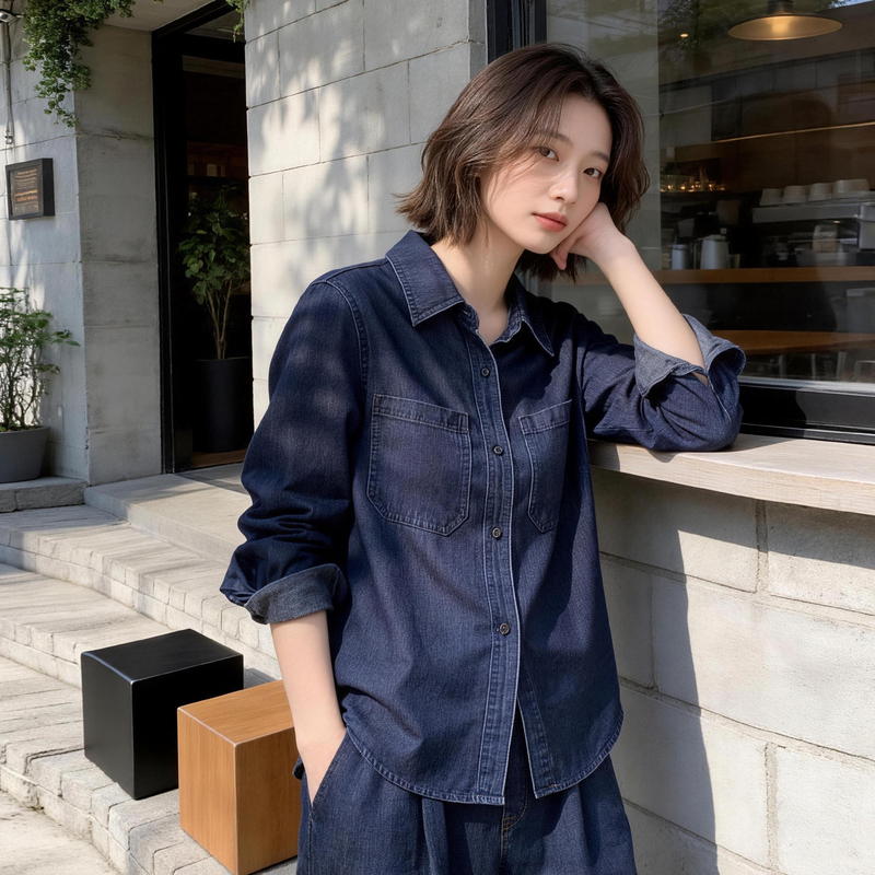 New Commuter-Friendly Petite Tencel Denim Shirt for Women, Thin Long-Sleeved Loose Fit with a Turn-Down Collar, Vintage Blue Versatile Top