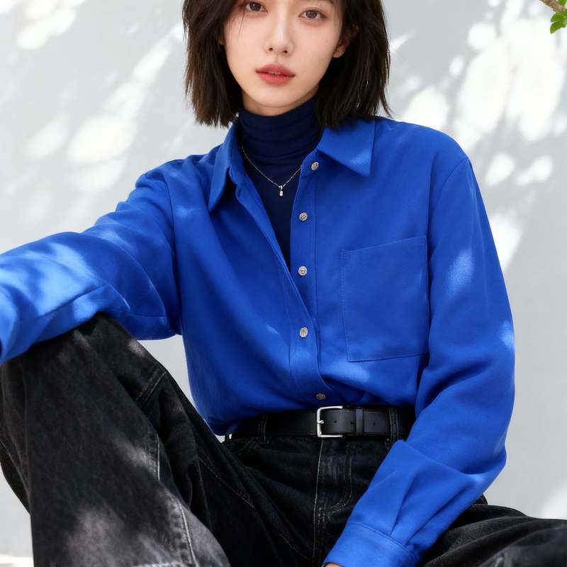 Autumn and Winter High-End Klein Blue Layered Shirt for Women, Brushed Lapel Shirt, French Niche Design Top for Women