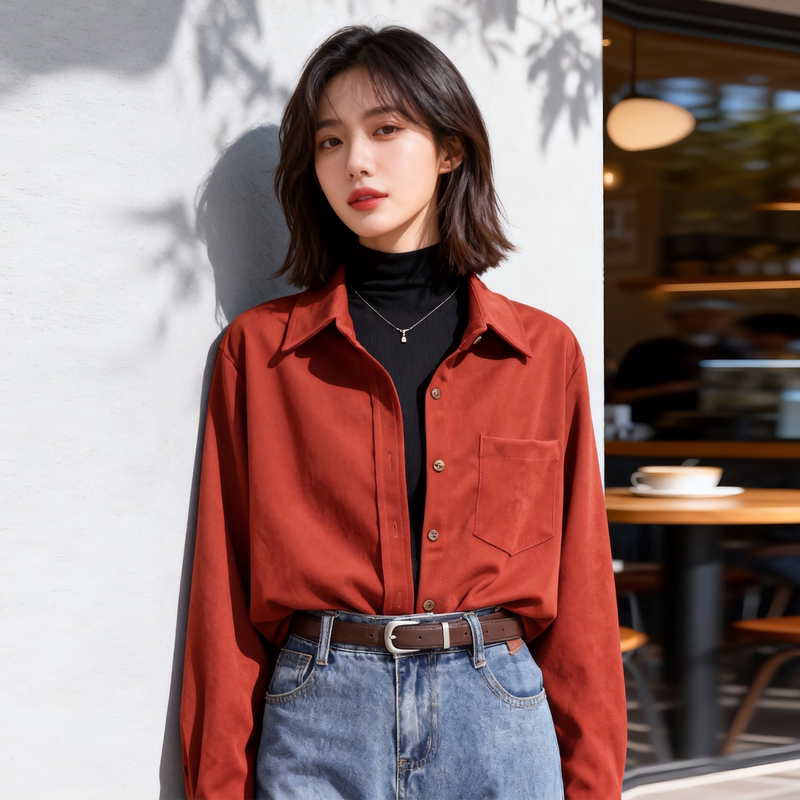 Autumn and Winter Loose Retro Hong Kong Style Lapel Casual Brushed Shirt for Women, New Autumn Style High-End Long-Sleeved Layered Shirt