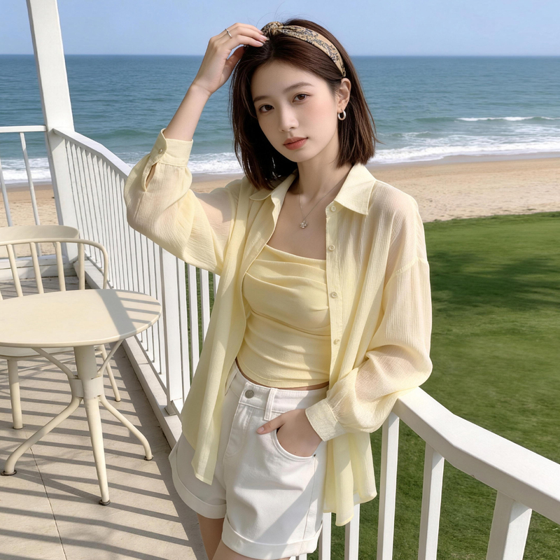 Lazy Style Thin Chiffon Drape Anti-Wrinkle Sun Protection Shirt Women's Long-Sleeved Cardigan Loose and Versatile Yellow Loose Jacket Lazy Style Thin Chiffon Drape Anti-Wrinkle Sun Protection Shirt Women's Long-Sleeved Cardigan Loose and Versatile Yellow Loose Jacket