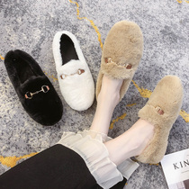 White fluffy shoes womens winter wear 2021 new lamb hair pedal flat beanie shoes plus velvet warm cotton shoes