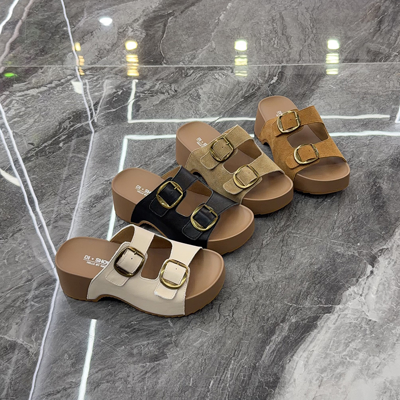 Height-Increasing Retro Genuine Leather Platform Slippers for Women, 2026 Summer New Versatile Slimming Outdoor Birkenstock-Style Slippers