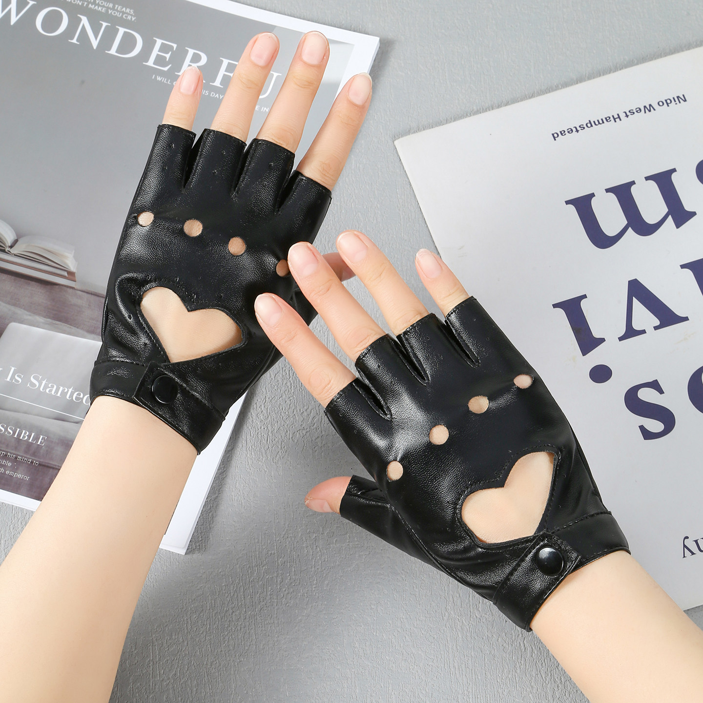 Military Lolita Hollow-out Women's Half-Finger Gloves Cosplay Dark Lolita Style Fingerless Leather Functional Gloves Gothic Punk