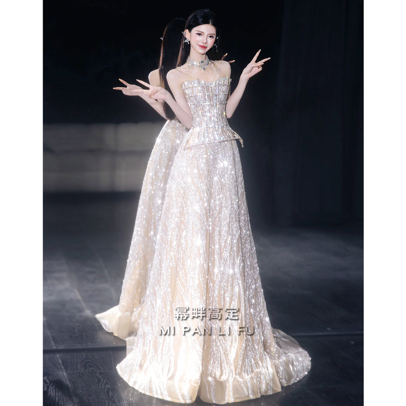 High-End Heavy-Duty Strapless Evening Dress 2026 New Style Women's Sophisticated Adult Ceremony Graduation Long Dress Sequin Banquet Elegance