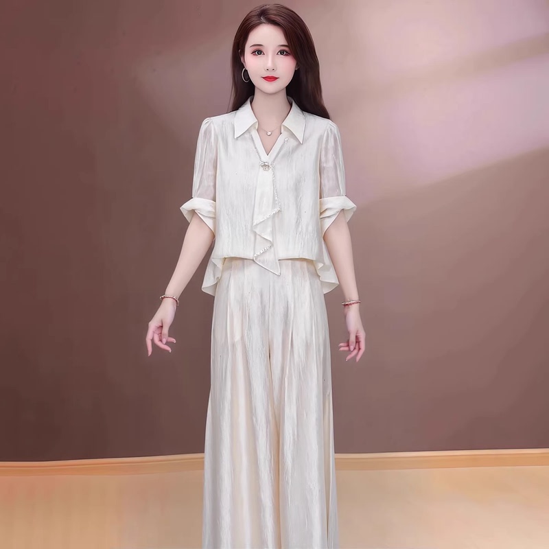 Gentle Style High-End Fashion Suit for Women 2026 Summer New Style Mother's Slim Fit Wide-Leg Pants Two-Piece Set