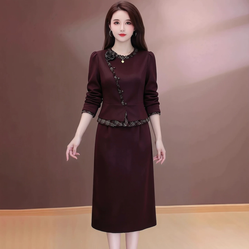 Elegant Two-Piece Dress for Women, 2026 Autumn New Style, Mother's Wear, Versatile, Slim-Fitting, Mid-Length Skirt Elegant Two-Piece Dress for Women, 2026 Autumn New Style, Mother's Wear, Versatile, Slim-Fitting, Mid-Length Skirt