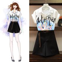 CC CLUB large size womens summer new wide leg shorts fat sister foreign-style age slim shirt two-piece set