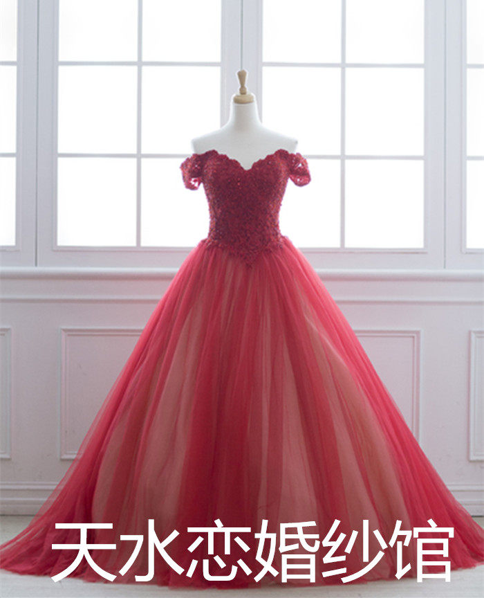 One-shoulder wine red and champagne sweet and dreamy bridal toast dress banquet send off guests show thin long skirt 2022 dress - Taobao