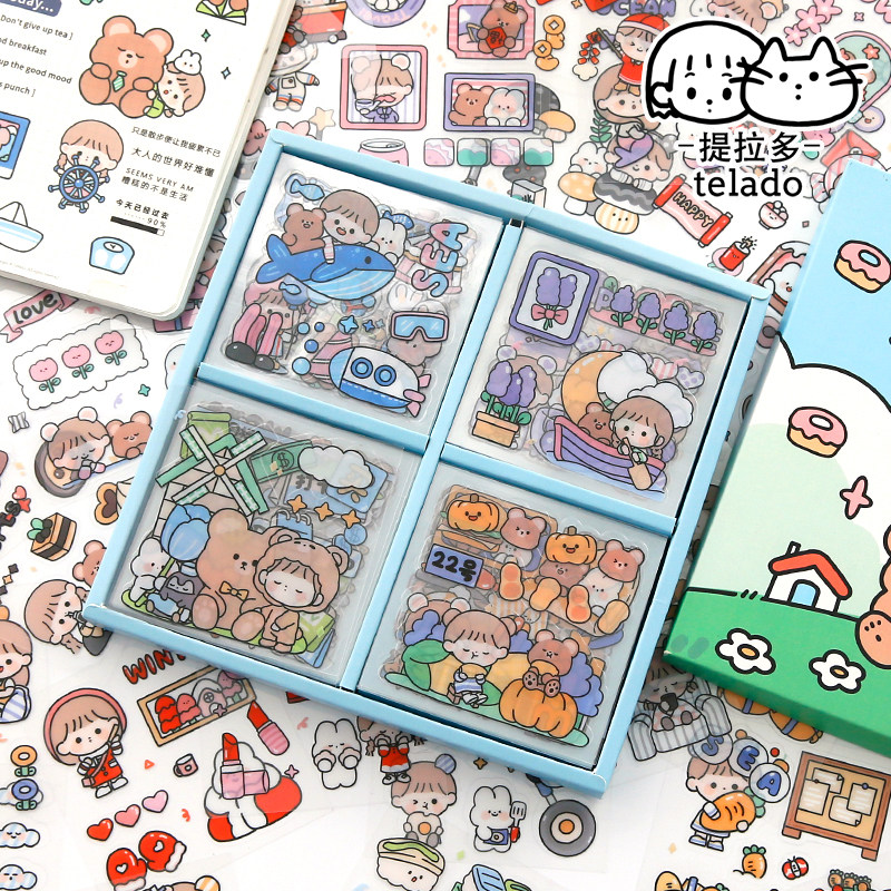 Handbill sticker suit 100 sheets of cute cartoon hand ledger This material Cream Rabbit Pull multiple decorations Ins Wind Girl Heart cute Korea PET creative set of art Little fresher stickler