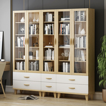 Bookcase with door glass door rack Childrens floor simple modern home students Nordic solid wood leg small bookcase