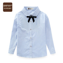 Childrens Clothing Girls  Autumn Long Sleeve Shirt 2021 New Fashion Pinstripe bow Bow tie lapel shirt