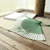 Green 22 plum hand-painted Japanese style and wind female fan Chinese wind folding fan Bamboo Handle Fan Gift Fan Genuine Silk Fan