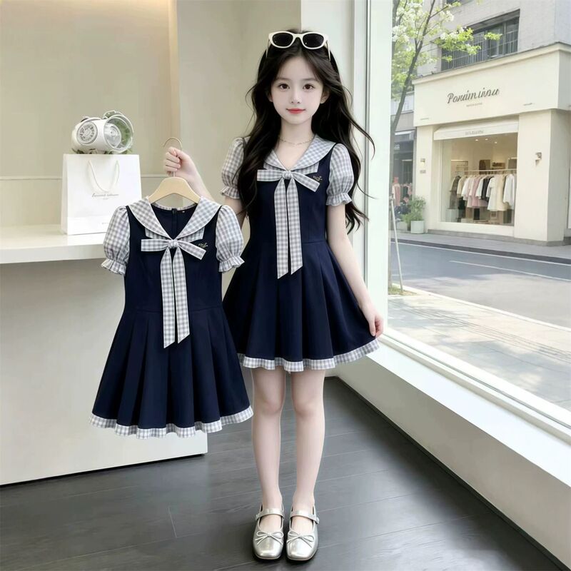 Girls' Dress Summer New Style Little Girl Bow Short-Sleeved Dress Kidsren's Summer Dress Fake Two-Piece Princess Dress Girls' Dress Summer New Style Little Girl Bow Short-Sleeved Dress Kidsren's Summer Dress Fake Two-Piece Princess Dress