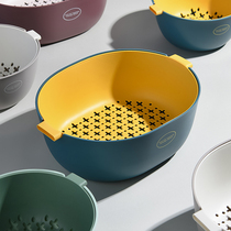Kitchen pool wash basin drain basket plastic wash fruit fruit and vegetable wash vegetable wash blue two-color simple double layer pot