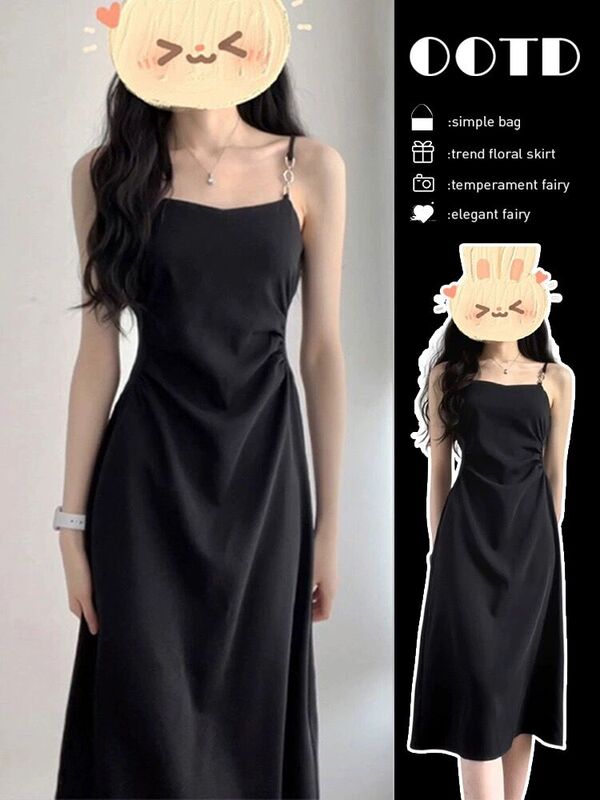 Black Spaghetti Strap Dress for Women, Summer 2026 New Style, French High-End Feel, Elegant, Waist-Cinching, Slimming, Long Dress for Petite Figures