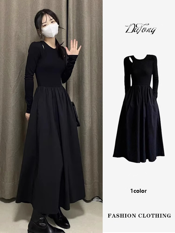 Hepburn Style Black Long-Sleeved Dress for Women in Autum, Small, High-Bottom, Elegant, Waist Slimming Look, Inner Layering Skirt