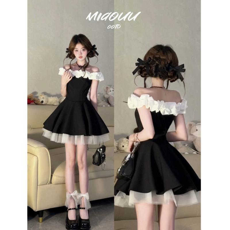 French Hepburn-Style One-Shoulder Black Dress for Women, Summer Runaway Princess Tutu Dress, Waist-Cinching Short Dress for Petite Figures