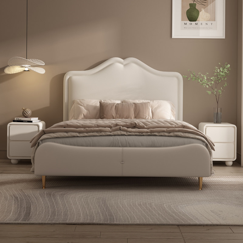 Cream style children's bed boy single bed light luxury modern minimalist bedroom leather bed solid wood girl princess bed