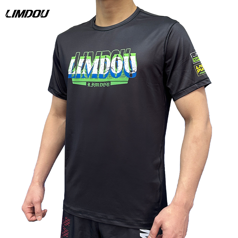 Limdou/Summer Casual Sports T-Shirt, Round Neck, Quick-Drying Polyester, Black Combat Training Short-Sleeved Top