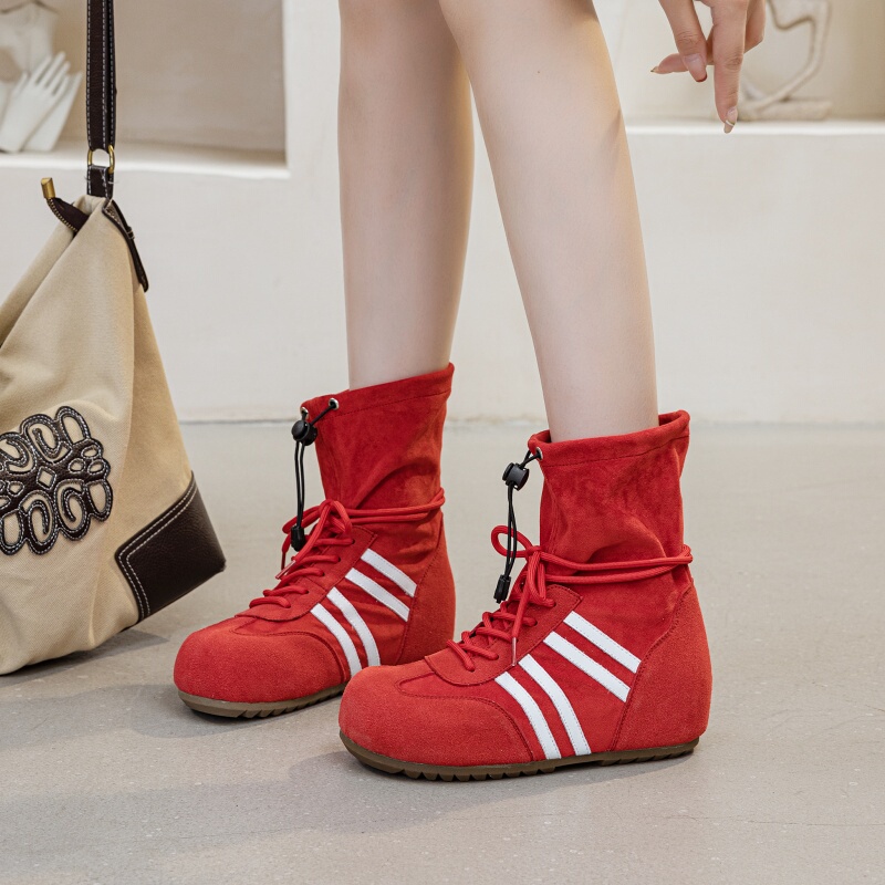 Thick-Soled Red Color-Block Striped Short Boots for Women, New Autumn Casual Lace-Up Height-Increasing Fashion German Training Shoes, Boxing Shoes Thick-Soled Red Color-Block Striped Short Boots for Women, New Autumn Casual Lace-Up Height-Increasing Fashion German Training Shoes, Boxing Shoes