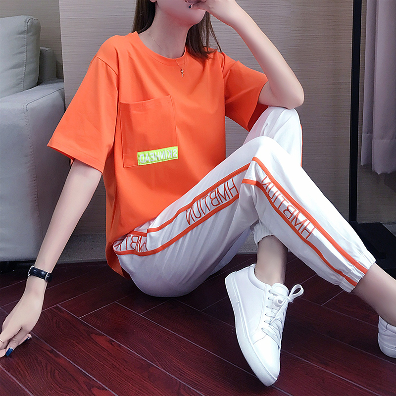 Summer large short sleeve fashion casual sportswear two piece women's loose shuffle suit retro Hong Kong Style