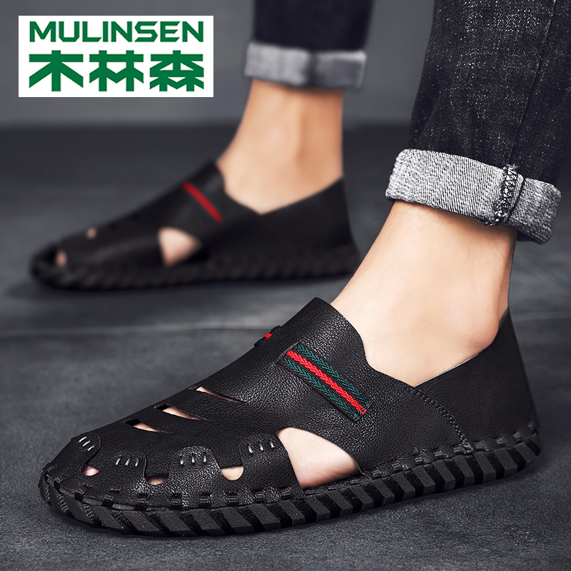 Wood Linson Leather Sandals Men Genuine Leather Outer Wear of Baotou High End Anti-wear and abrasion beach Driving dual-use Soft bottom dongle Shoe