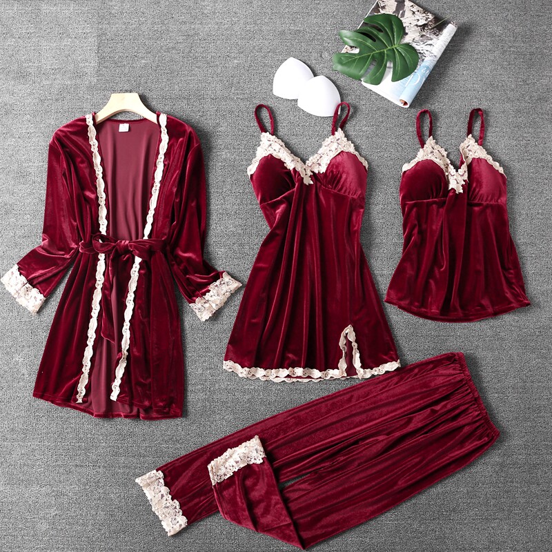 Sleepwear woman autumn winter Sexy gold velvet winter sleeping dress sleepwear long sleeves with chest cushion four sets of outfitting to wear outside