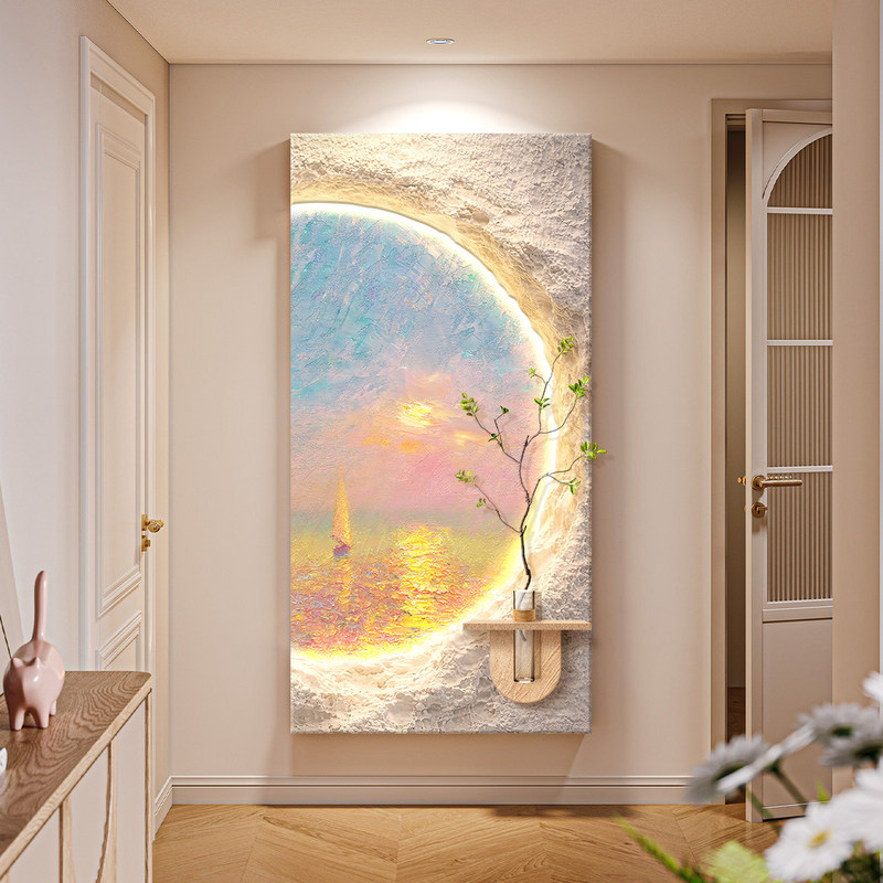 French-Style Cream-Colored Foyer Decorative Painting with Sea View, Ambiance Lighting, High-End Corridor Wall Art, Three-Dimensional Sandstone