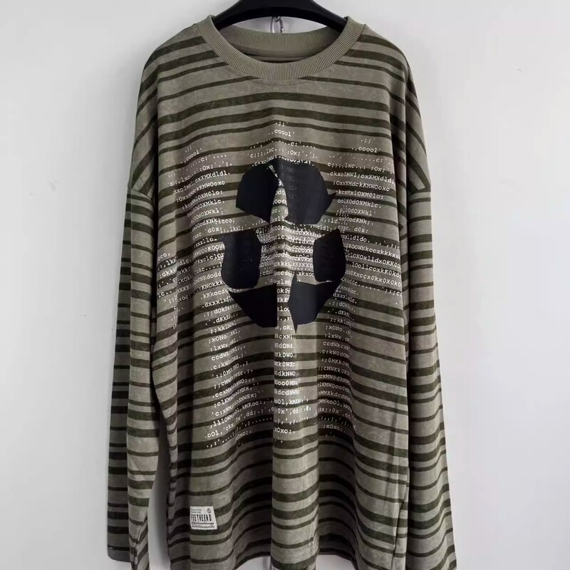 Hell System Official 25 Green Striped Print Thin Loose Fit Street Style Crew Neck Long Sleeve Hell System Official 25 Green Striped Print Thin Loose Fit Street Style Crew Neck Long Sleeve