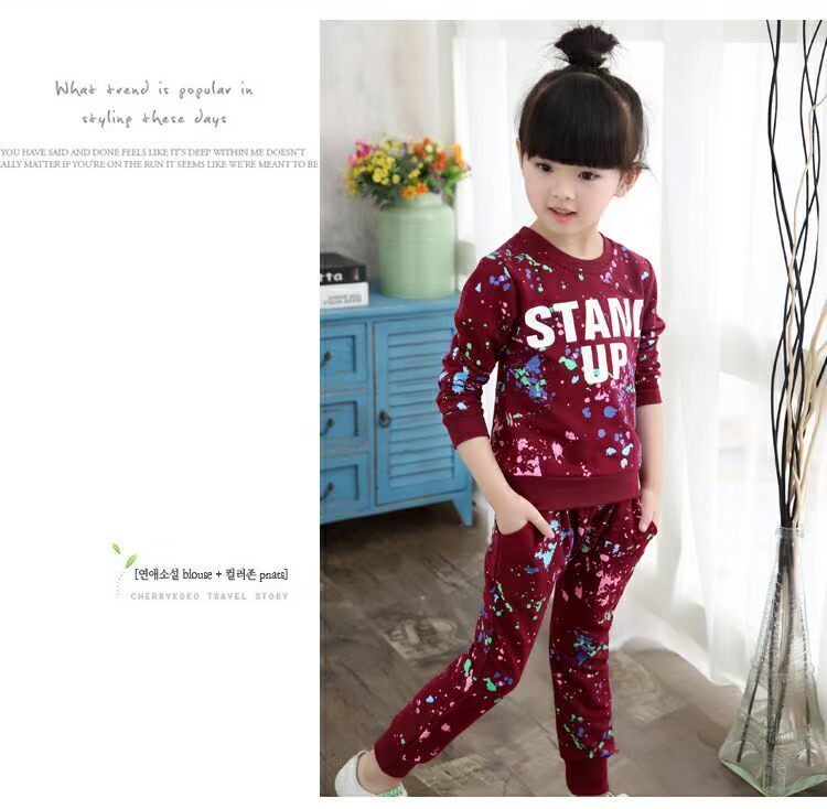 Bộ đồ bé gái 2017 mùa xuân và mùa thu phiên bản Hàn Quốc 4 bé lớn 5 tay dài 6 giản dị 7 cotton 8 bộ hai mảnh 3-13 tuổi quần bơi bé trai