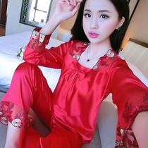 Simulation silk pajamas lady sleeve long trousers suit spring and autumn two sexy large yard lady pajamas home suit