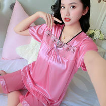 Large-yard ice wire pajamas lady suit loose fat Han edition students autumn winter and summer new mom short sleeve suit