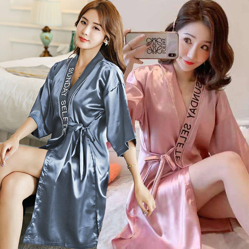 Large Size Sleeping Robe Women's Summer Sexy Sleepwear Ice Silk Lace Spring Autumn Long Sleeve Lacing Bath Lady Bathrobe Single Piece