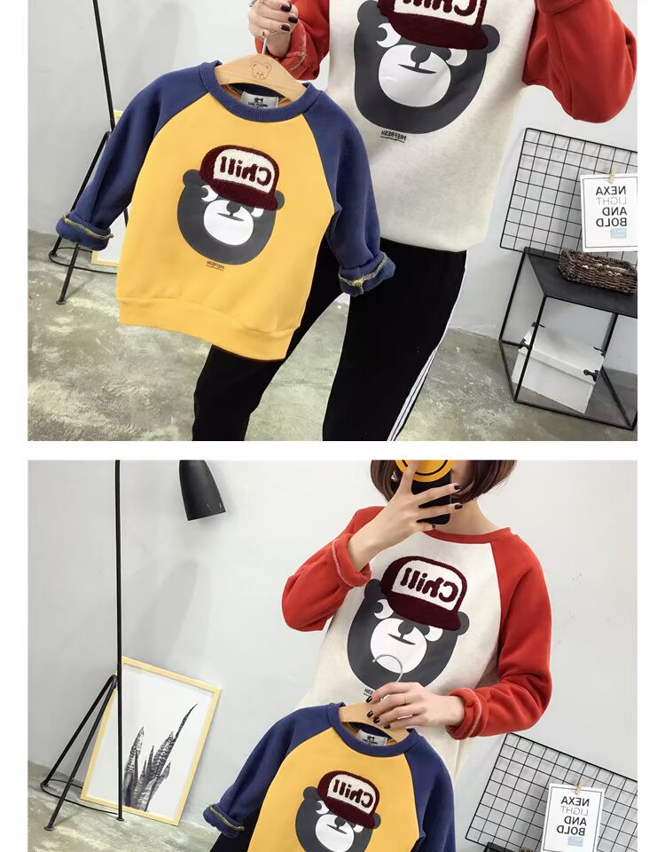 Hàn Quốc Dongdaemun mùa đông màu mới phù hợp với giẻ rách gấu cha mẹ-con mặc áo len dày những người yêu thích áo sơ mi nhung cổ tròn - Trang phục dành cho cha mẹ và con áo gia đình đẹp