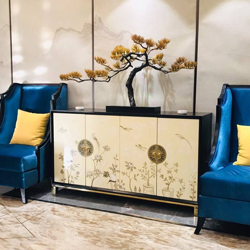 New Chinese solid wood shuttle cabinet severance cabinet Zen Living room solid wood hand-drawn dining side cabinet stored decorative side cabinet