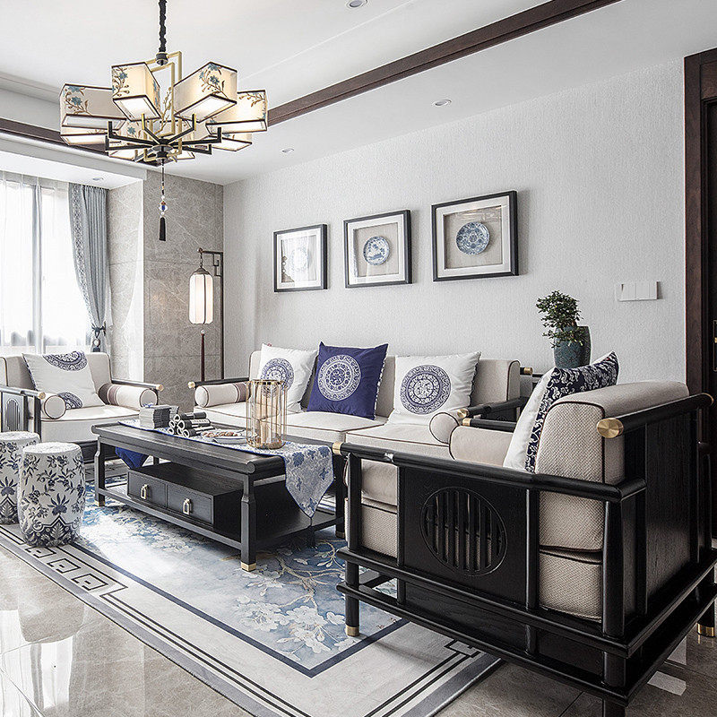 New Chinese-style sofa combination Modern Chinese-style all solid wood Zen fabric furniture model room living room retro customization