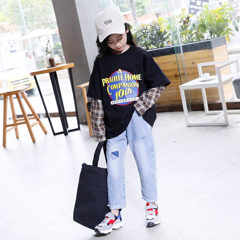 Girls' thick T-shirt 2022 spring and autumn new children's Western style Korean version of the tide big children's spring vacation two T-shirt tops
